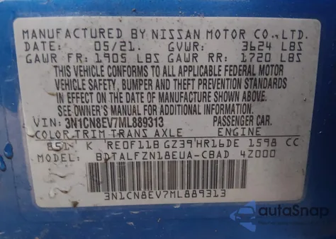 2021 Nissan Versa Sv Xtronic Cvt из США, поврежденный, VIN 3N1CN8EV7ML889313